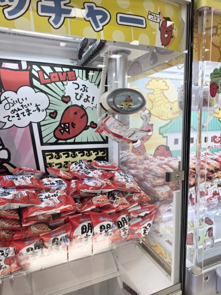 めんたいパークとこなめのめんたいキャッチャーで景品が取れた様子